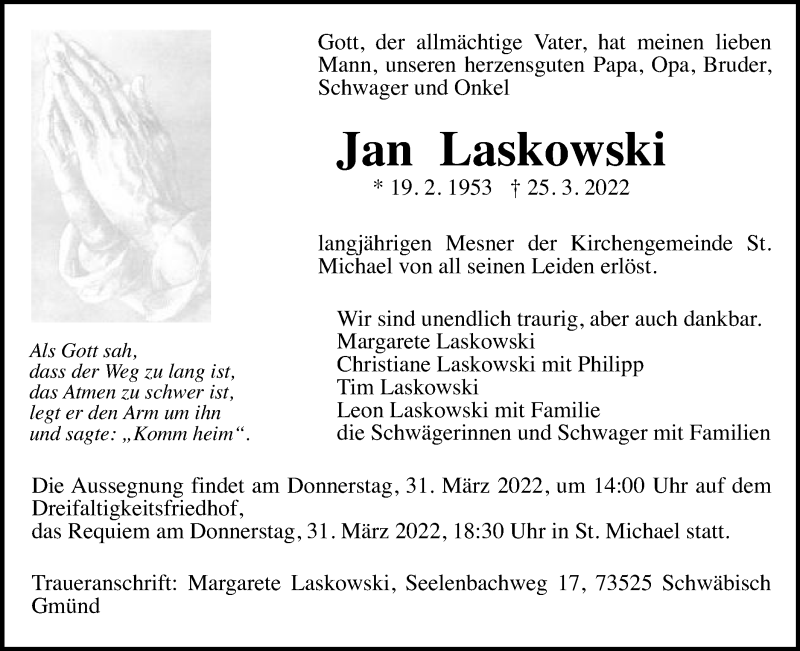  Traueranzeige für Jan Laskowski vom 29.03.2022 aus Gmünder Tagespost