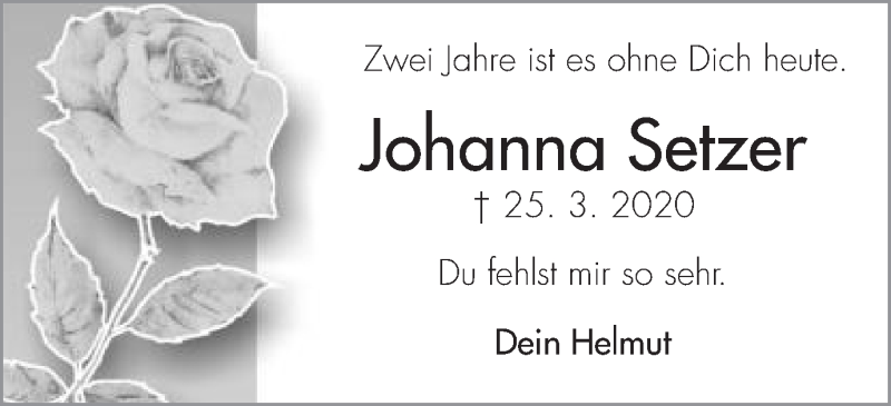  Traueranzeige für Johanna Setzer vom 25.03.2022 aus Schwäbische Post