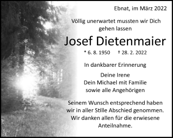 Traueranzeige von Josef Dietenmaier von Schwäbische Post