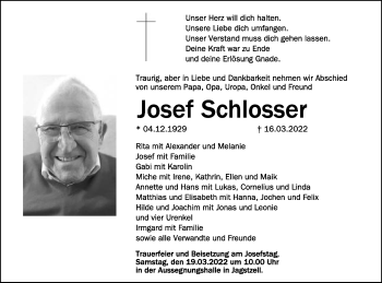 Traueranzeige von Josef Schlosser von Schwäbische Post
