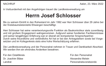 Traueranzeige von Josef Schlosser von Schwäbische Post