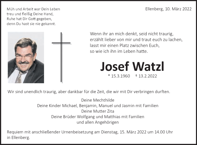  Traueranzeige für Josef Watzl vom 10.03.2022 aus Schwäbische Post