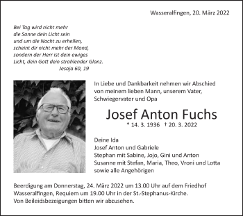 Traueranzeige von Josef Anton Fuchs von Schwäbische Post