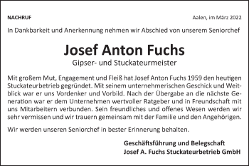 Traueranzeige von Josef Anton Fuchs von Schwäbische Post