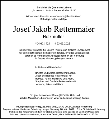 Traueranzeige von Josef Jakob Rettenmaier von Schwäbische Post