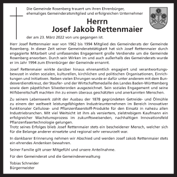 Traueranzeige von Josef Jakob Rettenmaier von Schwäbische Post