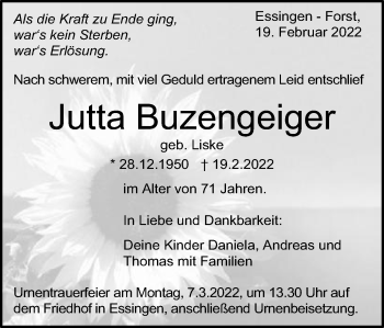Traueranzeige von Jutta Buzengeiger von Schwäbische Post