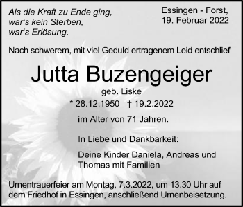 Traueranzeige von Jutta Buzengeiger