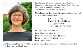 Traueranzeige von Karin Kurz von Schwäbische Post