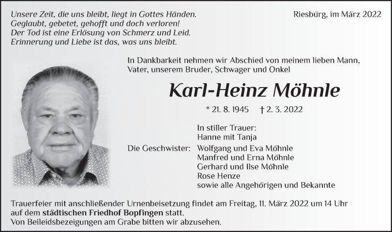  Traueranzeige für Karl-Heinz Möhnle vom 09.03.2022 aus Schwäbische Post
