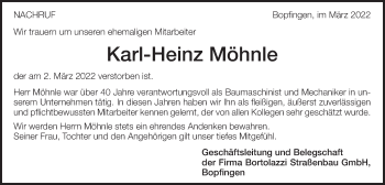 Traueranzeige von Karl-Heinz Möhnle von Schwäbische Post