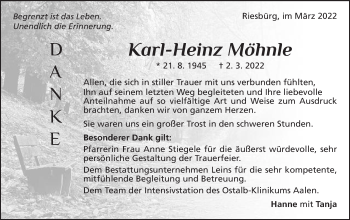 Traueranzeige von Karl-Heinz Möhnle von Schwäbische Post