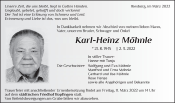 Traueranzeige von Karl-Heinz Möhnle von Schwäbische Post
