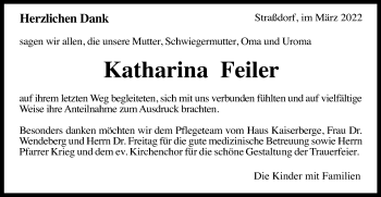 Traueranzeige von Katharina Feiler von Gmünder Tagespost