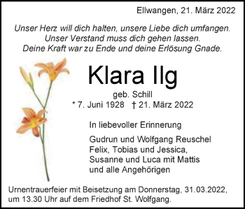 Traueranzeige von Klara Ilg von Schwäbische Post
