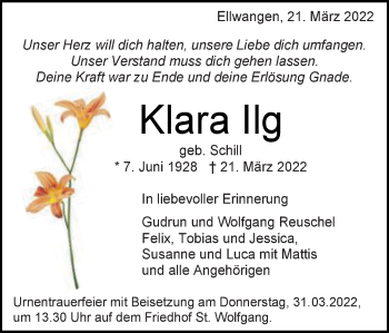 Traueranzeige von Klara Ilg