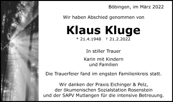 Traueranzeige von Klaus Kluge von Gmünder Tagespost