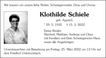 Traueranzeige von Klothilde Schiele von Schwäbische Post