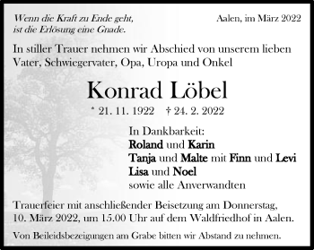 Traueranzeige von Konrad Löbel von Schwäbische Post