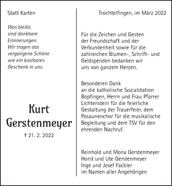 Traueranzeige von Kurt Gerstenmeyer von Schwäbische Post