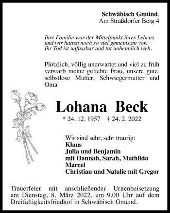 Traueranzeige von Lohana Beck von Gmünder Tagespost