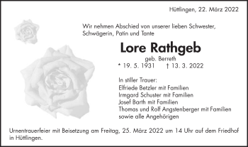 Traueranzeige von Lore Rathgeb von Schwäbische Post