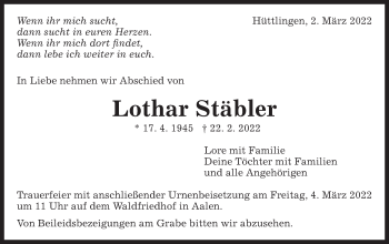 Traueranzeige von Lothar Stäbler von Schwäbische Post