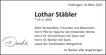 Traueranzeige von Lothar Stäbler von Schwäbische Post