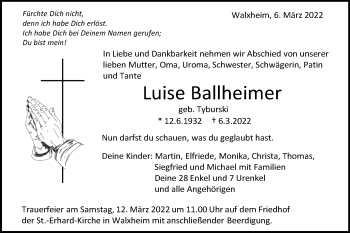 Traueranzeige von Luise Ballheimer von Schwäbische Post