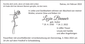 Traueranzeige von Luzia Brenner von Schwäbische Post