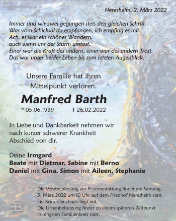 Traueranzeige von Manfred Barth von Schwäbische Post