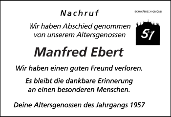 Traueranzeige von Manfred Ebert von Gmünder Tagespost