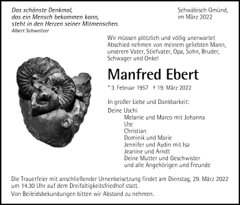 Traueranzeige von Manfred Ebert von Gmünder Tagespost
