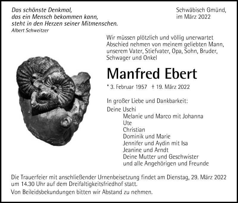  Traueranzeige für Manfred Ebert vom 26.03.2022 aus Gmünder Tagespost