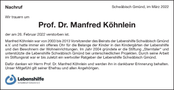 Traueranzeige von Manfred Köhnlein von Gmünder Tagespost