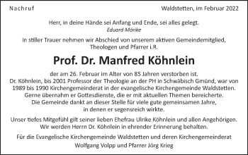 Traueranzeige von Manfred Köhnlein von Gmünder Tagespost
