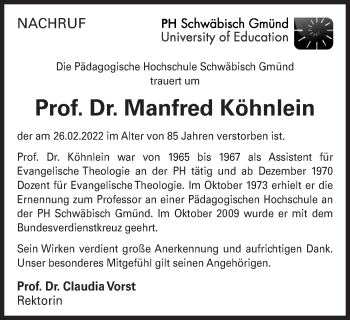 Traueranzeige von Manfred Köhnlein von Gmünder Tagespost