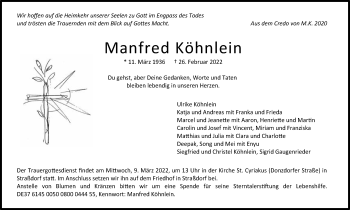 Traueranzeige von Manfred Köhnlein von Gmünder Tagespost