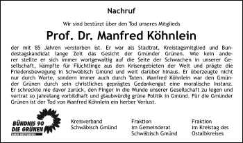 Traueranzeige von Manfred Köhnlein von Gmünder Tagespost