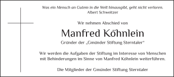 Traueranzeige von Manfred Köhnlein von Gmünder Tagespost