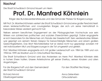 Traueranzeige von Manfred Köhnlein von Gmünder Tagespost