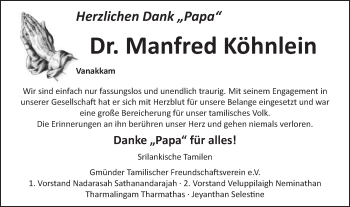 Traueranzeige von Manfred Köhnlein von Gmünder Tagespost