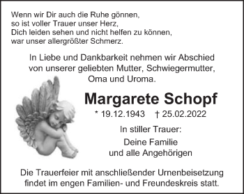 Traueranzeige von Margarete Schopf von Schwäbische Post