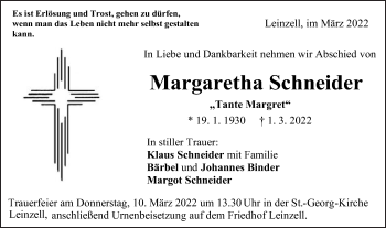 Traueranzeige von Margaretha Schneider von Gmünder Tagespost