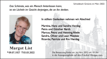 Traueranzeige von Margot List von Gmünder Tagespost
