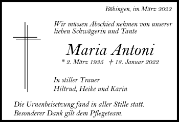 Traueranzeige von Maria Antoni von Gmünder Tagespost