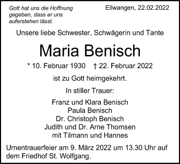 Traueranzeige von Maria Benisch von Schwäbische Post