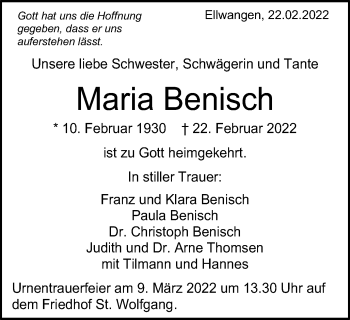 Traueranzeige von Maria Benisch