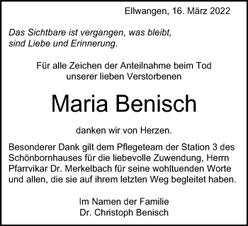 Traueranzeige von Maria Benisch von Schwäbische Post
