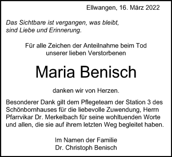 Traueranzeige von Maria Benisch